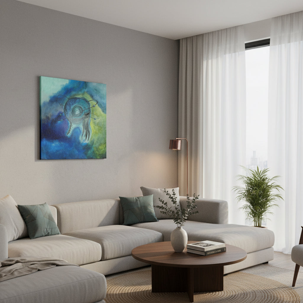 An abstract painting of a jellyfish-like marine creature with orbiting rings and small blue beads, set against a background of deep blue, teal, and yellow-green hues, mounted on a light beige wall.